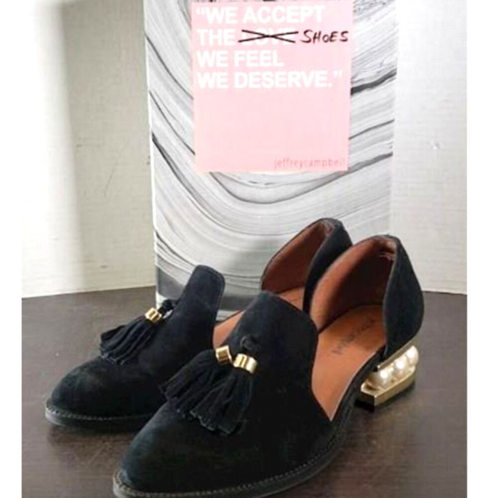 Jeffrey Campbell Civil Studded Loafer In Black Suede with Gold Hardware & Pearls - Picture 7 of 9